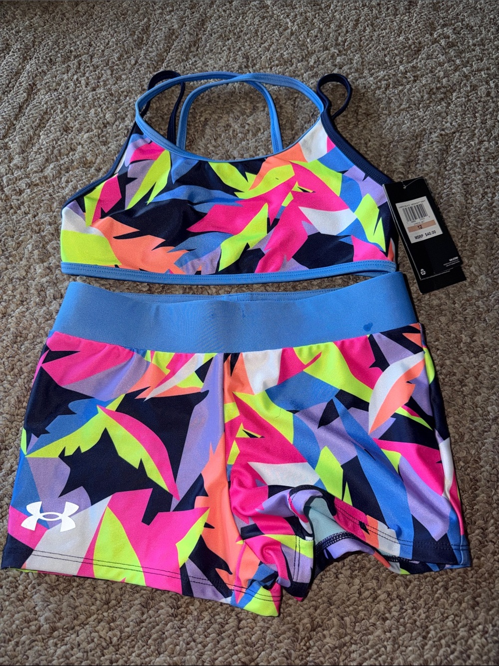 Under Armour Girls Neon Multi Geo Print One-Piece Active Set - Blue Trim